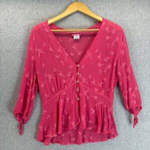 GHOST Pink Floral Blouse Embroidered‎ 3/4 Sleeve Button Front Top Peplum Small